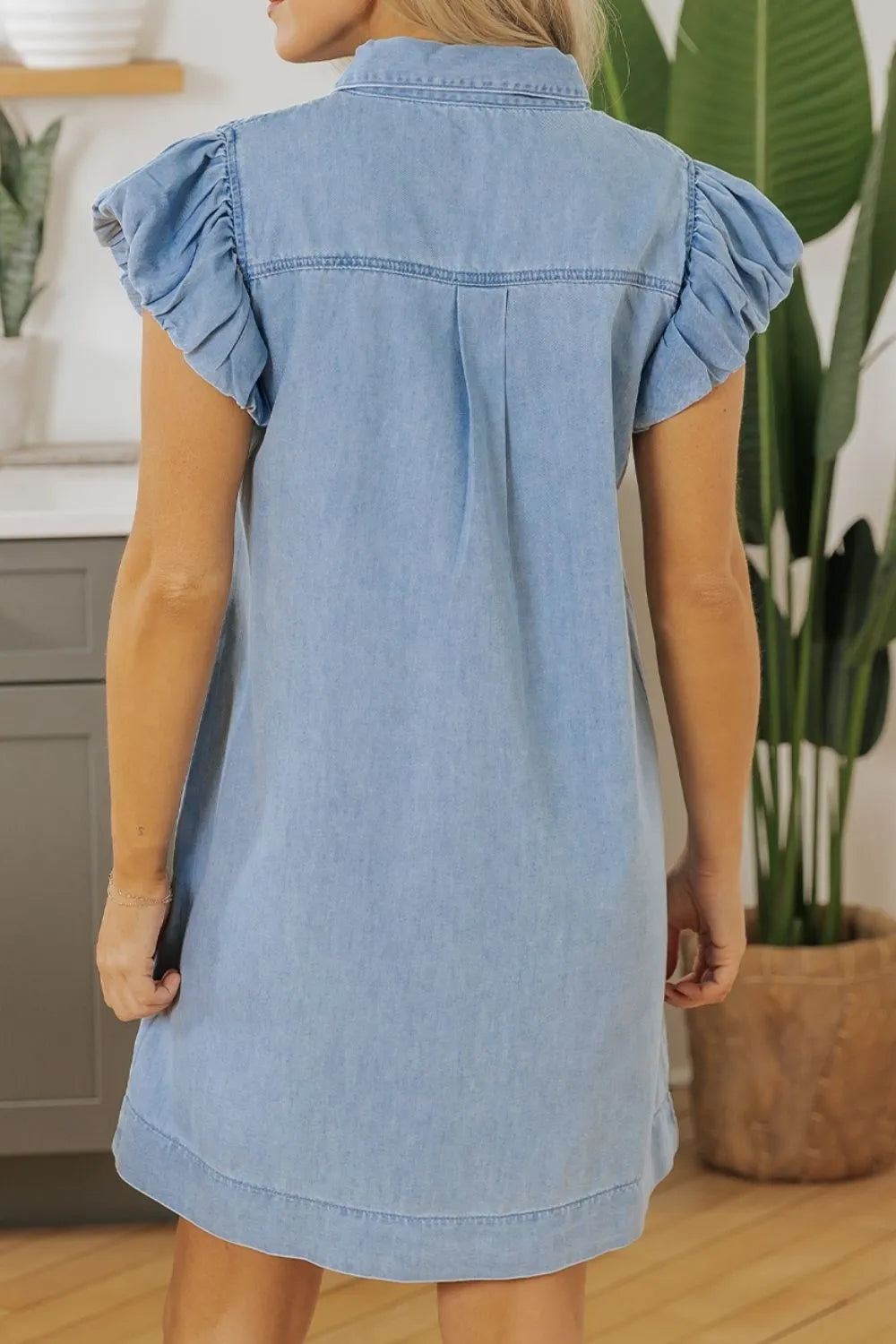 Smocked Collared Neck Cap Sleeve Denim Dress - LaTezza Online Shop