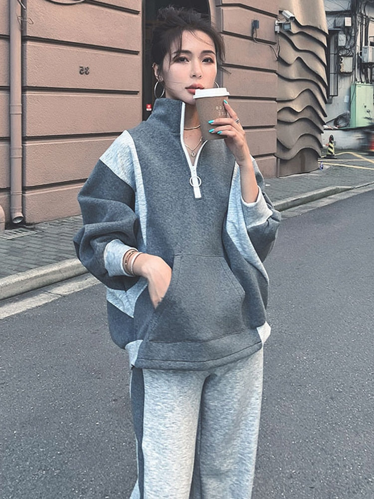 Contrast Color Zipper Sweatshirt With Loose Casual Pants 2 Pieces Set For Women Sprots Clothing Autumn New 2R4356 - LaTezza Online Shop