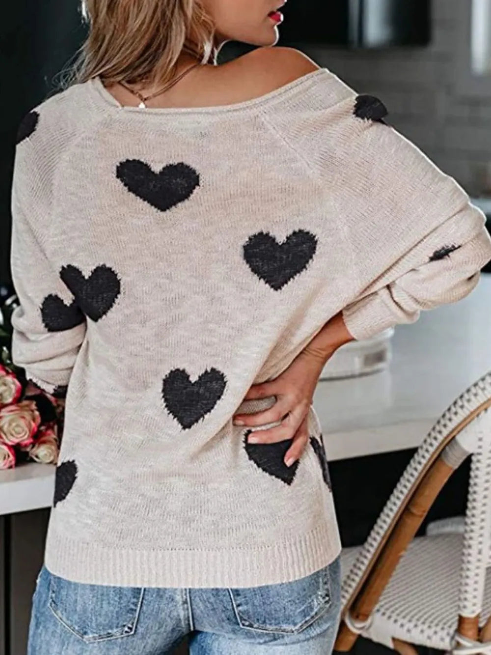 Heart Scoop Neck Long Sleeve Sweater - LaTezza Online Shop