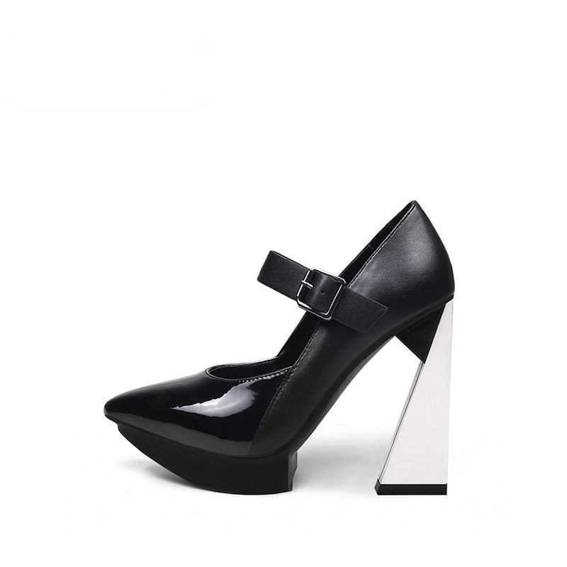Pumps Platform Women Shallow Shoes Pointed Toe Blue Mixed Black Leather High Heels Chic Mary Jeans Strap Party Stilettos - LaTezza Online Shop