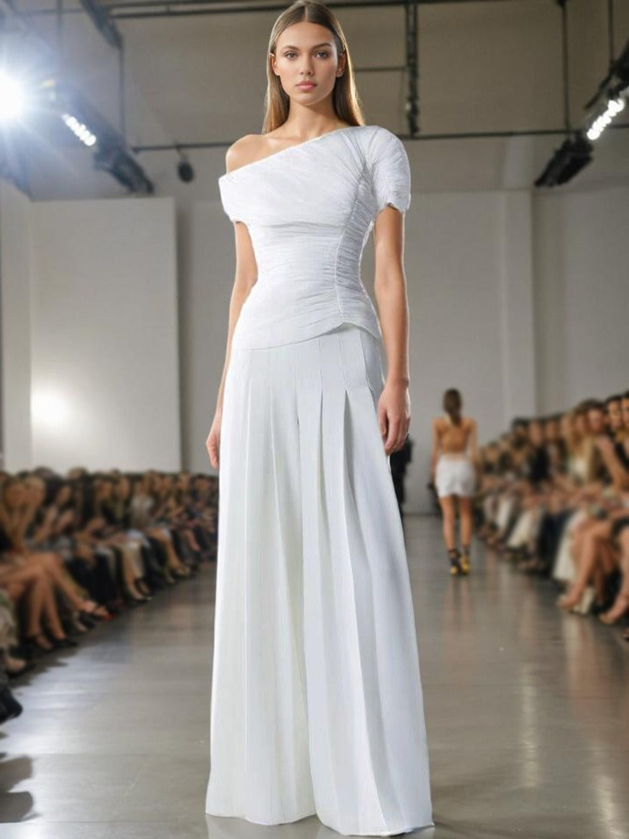 European and American style two-piece set, new one shoulder slim fit top+high waisted pleated casual pants set for women - LaTezza Online Shop