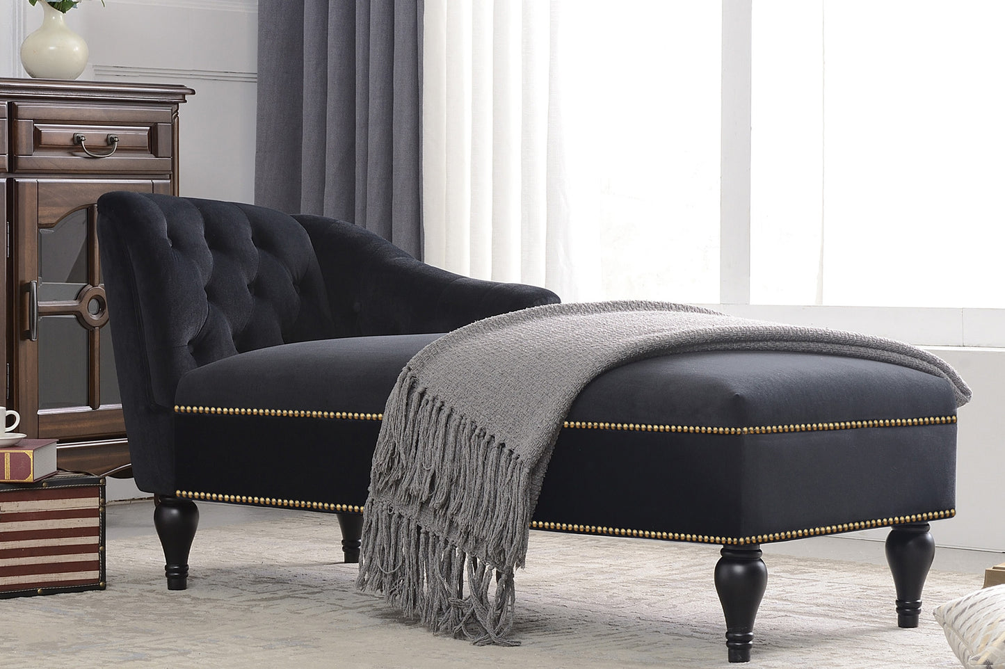58 inch velvet lounge chair, button cluster right arm lounge chair with nail head decoration and solid wood legs - LaTezza Online Shop