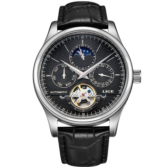 LIGE Brand Men's Watches Automatic Mechanical Tourbillon Leather Band