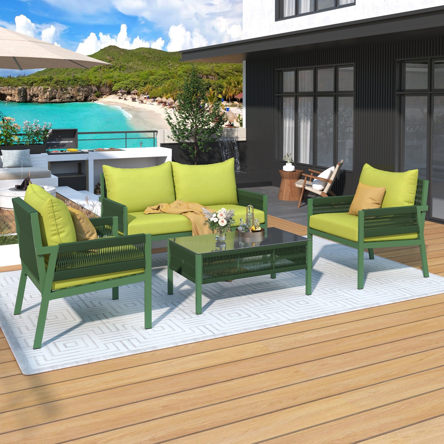 Outdoor Furniture with Tempered Glass Table, Set Deep Seating with Thick Cushion (Fluorescent Yellow & Green) - LaTezza Online Shop