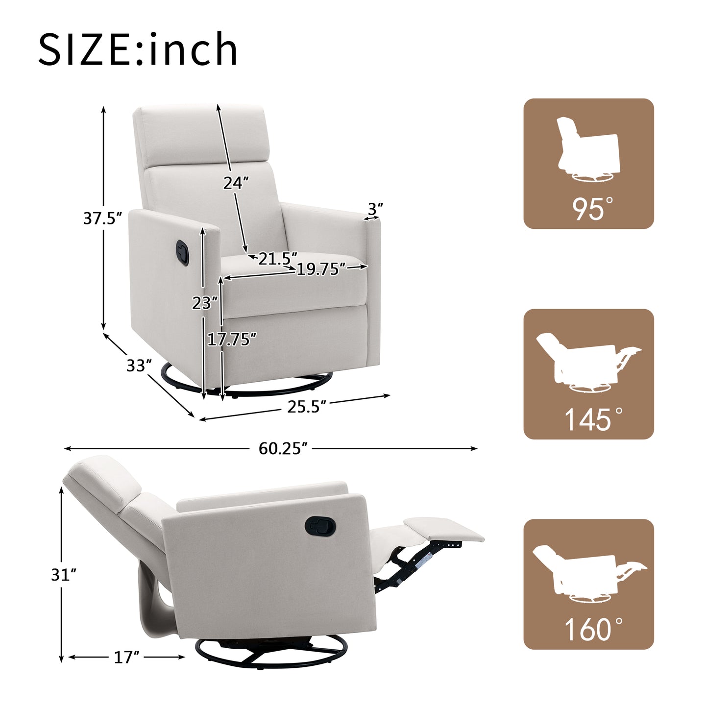 Modern Upholstered Rocker Nursery Chair Plush Seating Glider Swivel Recliner Chair Beige - LaTezza Online Shop
