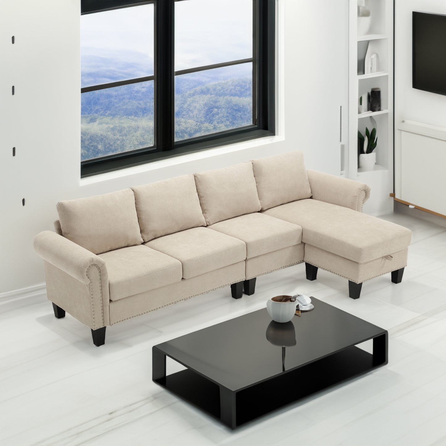 Convertible Sectional Sofa with Storage,L-shaped sofa,Four-seater sofa,Modern Linen Fabric Sectional Couches Beige - LaTezza Online Shop