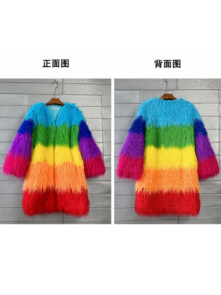 Rainbow Winter Faux Fur Coat Loose Splicing Contrast Color Long Jacket Shaggy Outerwear
