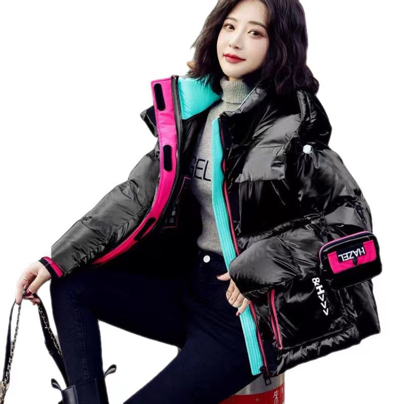 Down Jacket Women's Short Production Long Winter Coat Shiny Loose Contrast Color Hooded Down Jacket - LaTezza Online Shop