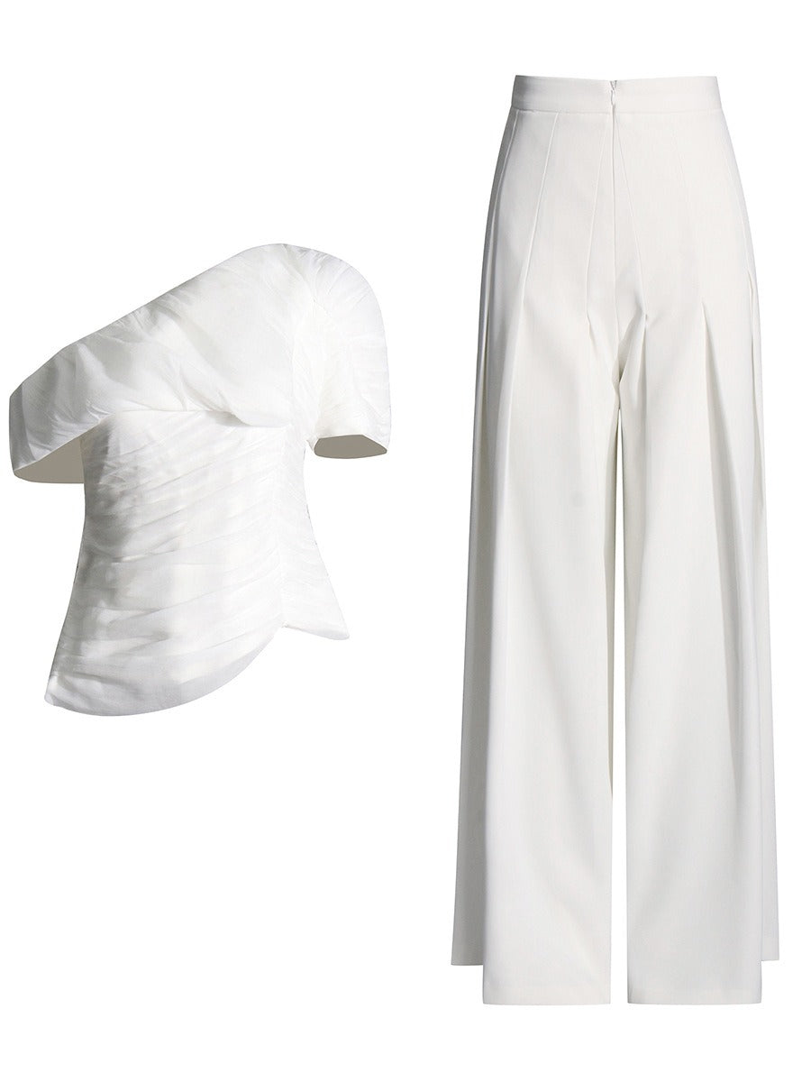 European and American style two-piece set, new one shoulder slim fit top+high waisted pleated casual pants set for women - LaTezza Online Shop
