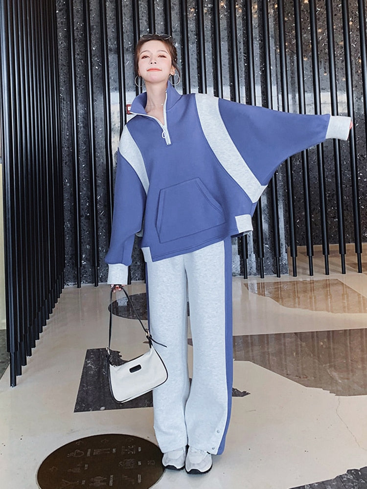 Contrast Color Zipper Sweatshirt With Loose Casual Pants 2 Pieces Set For Women Sprots Clothing Autumn New 2R4356 - LaTezza Online Shop