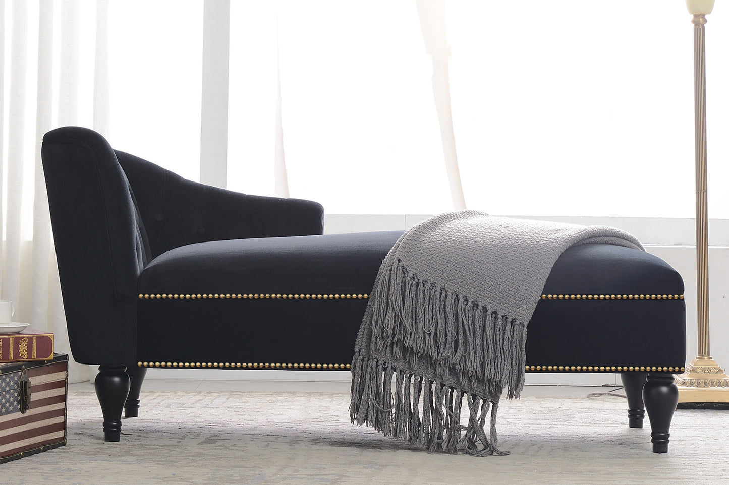 58 inch velvet lounge chair, button cluster right arm lounge chair with nail head decoration and solid wood legs - LaTezza Online Shop