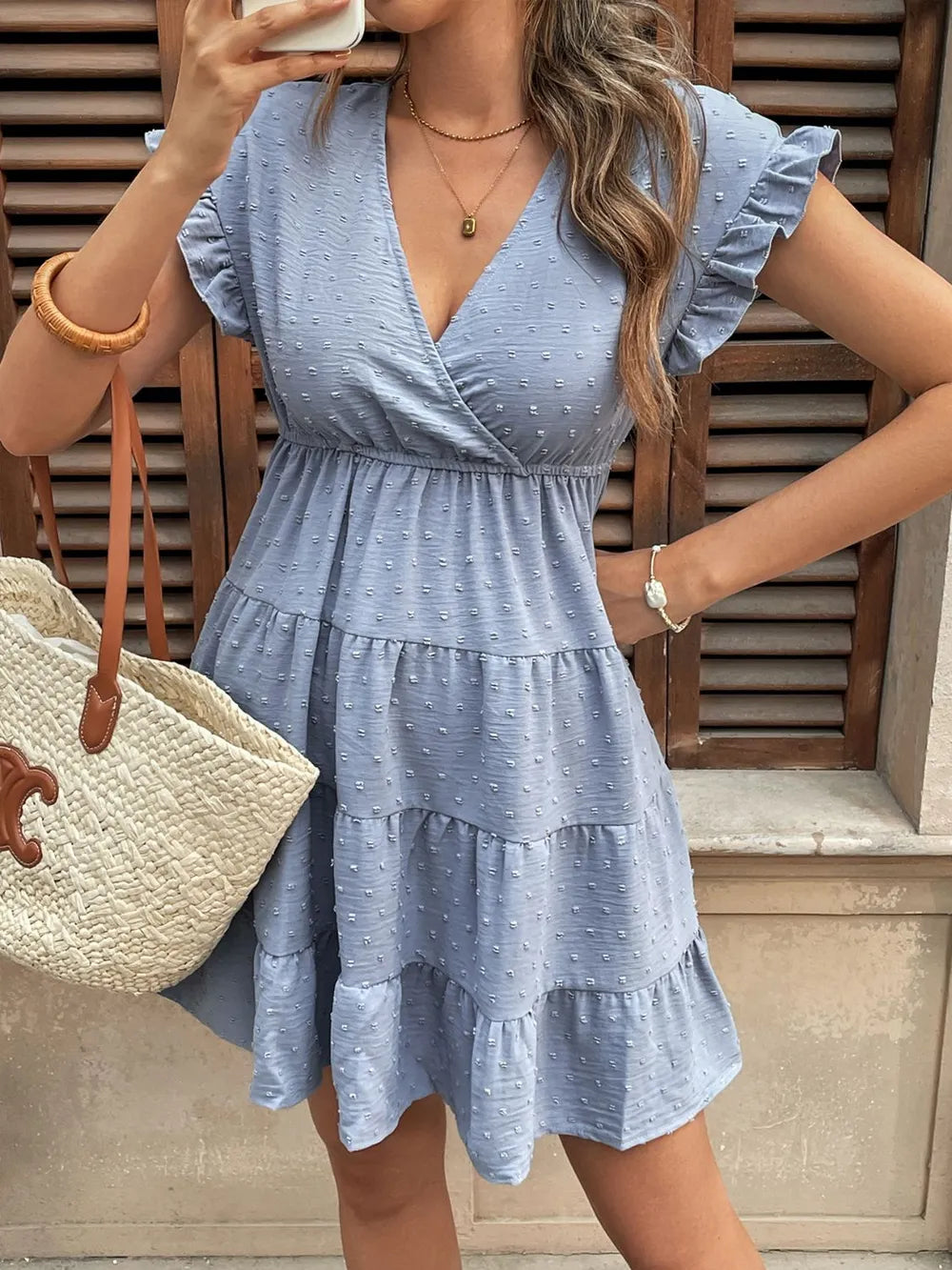 Dress jacquard texture V-neck casual versatile solid color short skirt for women - LaTezza Online Shop