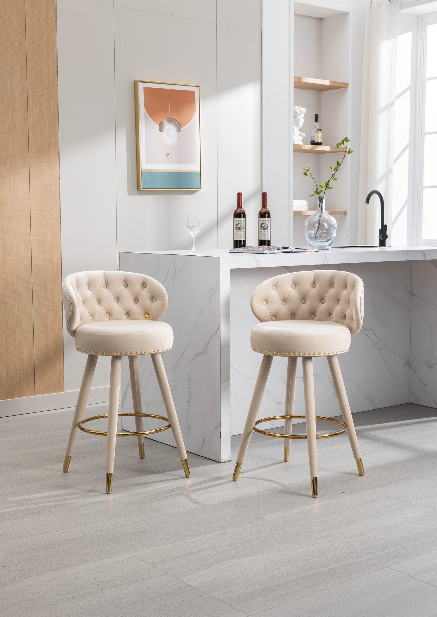 COOLMORE Counter Height Bar Stools Set of 2 for Kitchen Counter Solid Wood Legs with a fixed height of 360 degrees Beige - LaTezza Online Shop