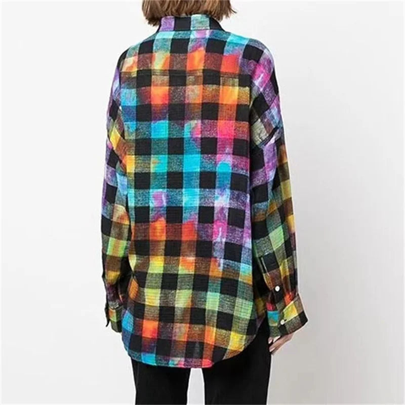 Fashion Woman Blouse Autumn New Rainbow Plaid Women's Shirt Washed Old Pure Cotton Long Sleeved Top Loose And Thin Coat - LaTezza Online Shop