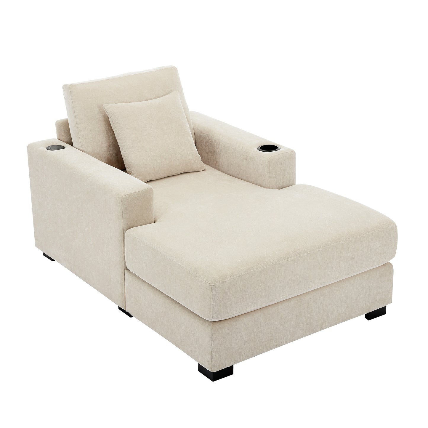 39.7" Oversized Chaise Lounger Modern Style Sofa Couch ,with Pillows, Charge Station & Cup Holders, Chenille Fabric, Cream - LaTezza Online Shop