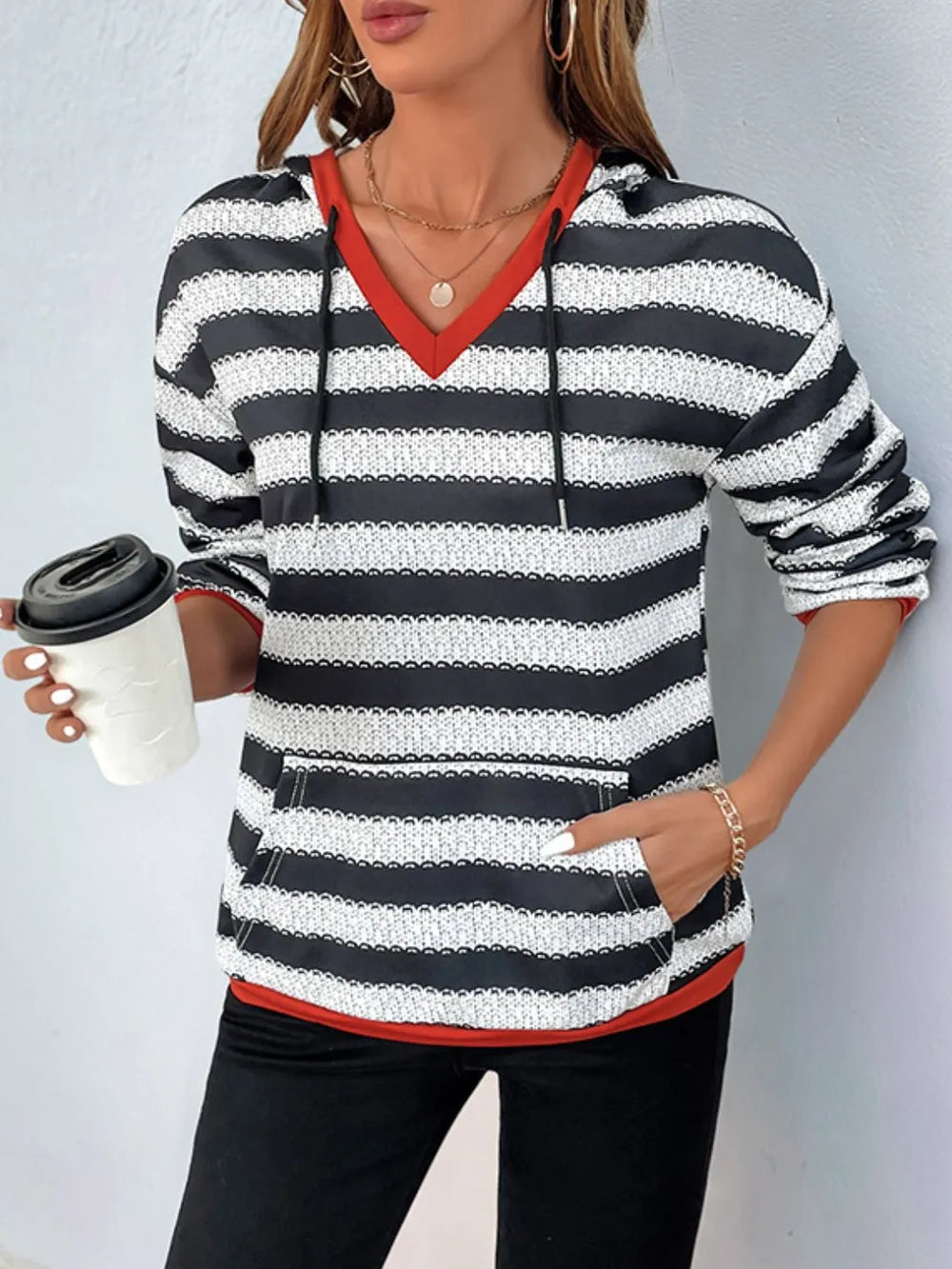 Perfee Contrast Striped Long Sleeve Hoodie - LaTezza Online Shop