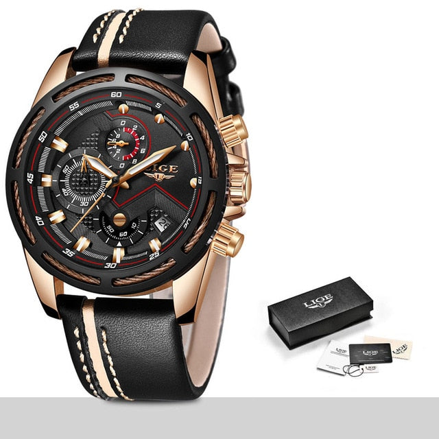 LIGE Watch Men Sport Quartz Clock Leather Mens Watches Top Brand Luxury Gold Waterproof - LaTezza Online Shop