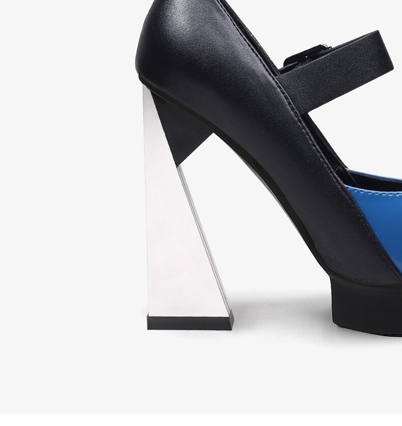 Pumps Platform Women Shallow Shoes Pointed Toe Blue Mixed Black Leather High Heels Chic Mary Jeans Strap Party Stilettos - LaTezza Online Shop