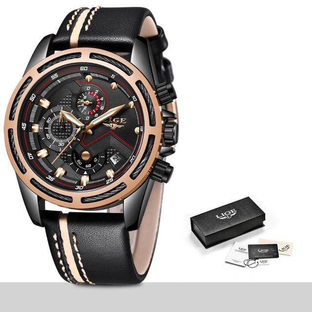 LIGE Watch Men Sport Quartz Clock Leather Mens Watches Top Brand Luxury Gold Waterproof - LaTezza Online Shop