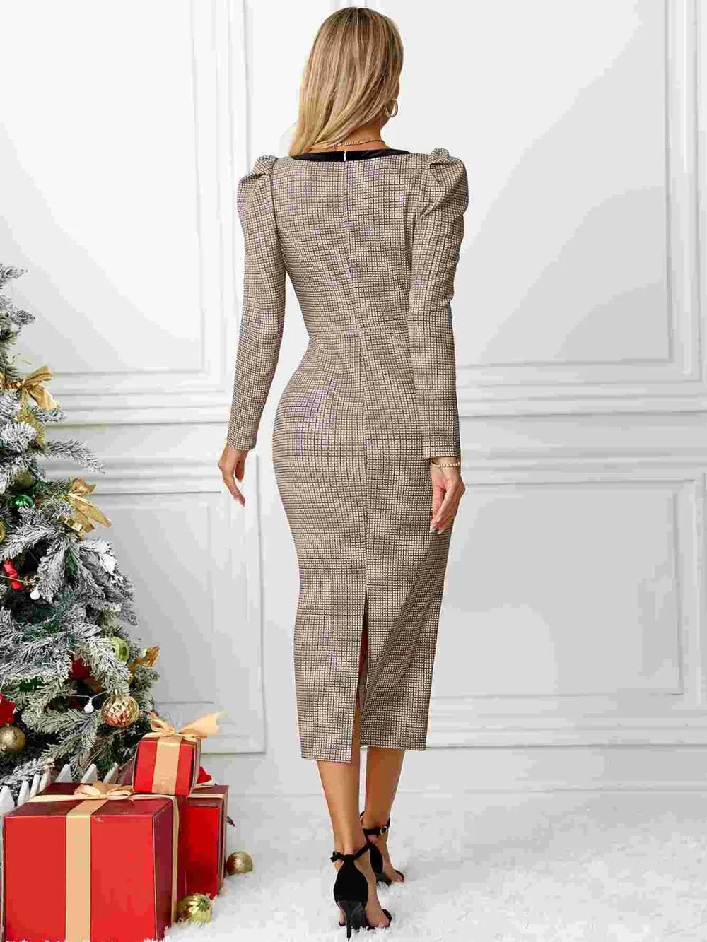 Bow Plaid Square Neck Puff Sleeve Dress - LaTezza Online Shop