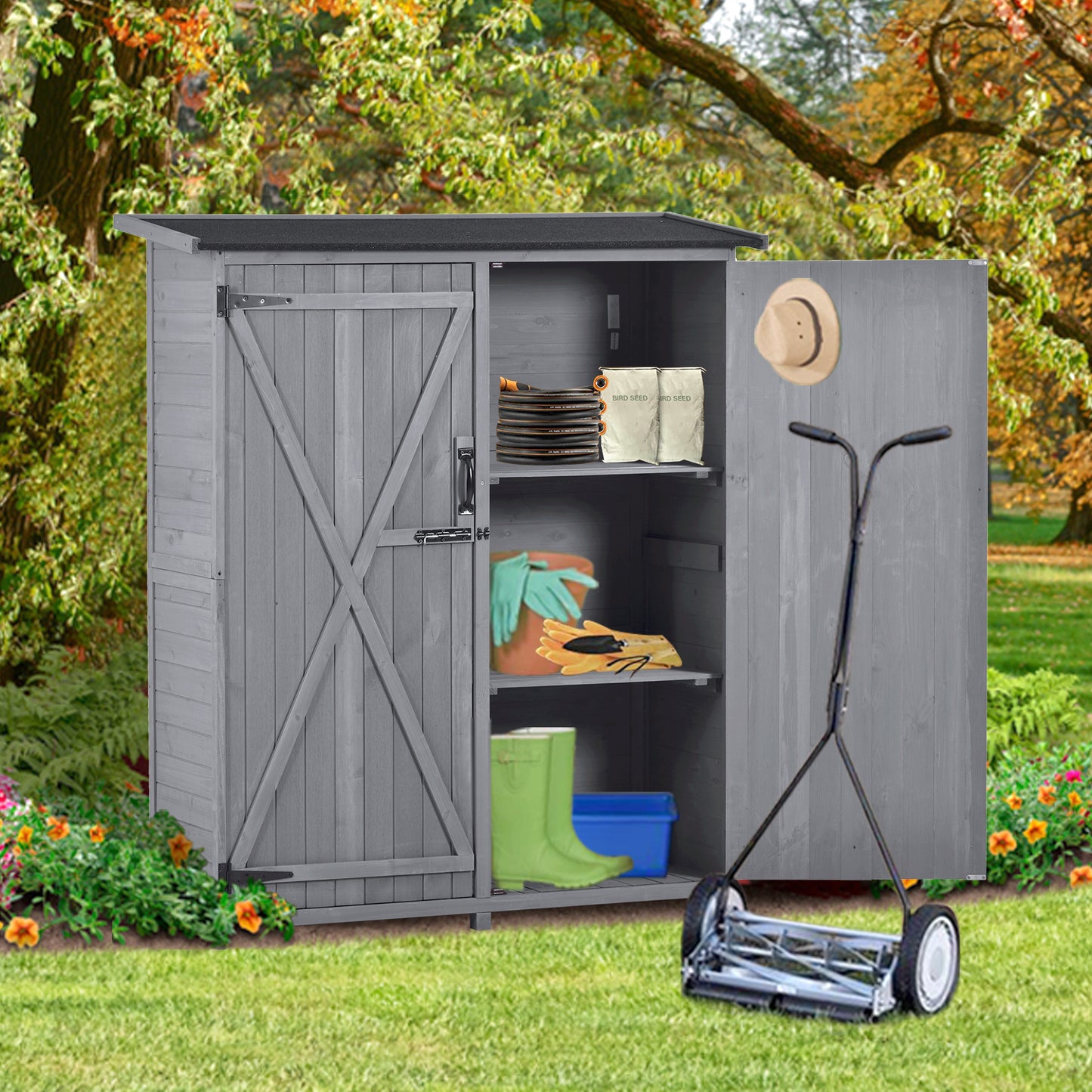 Outdoor 5.3ft Hx4.6ft L Wood Storage Shed Tool Organizer,Garden Shed, Storage Cabinet with Waterproof Asphalt Roof Gray - LaTezza Online Shop