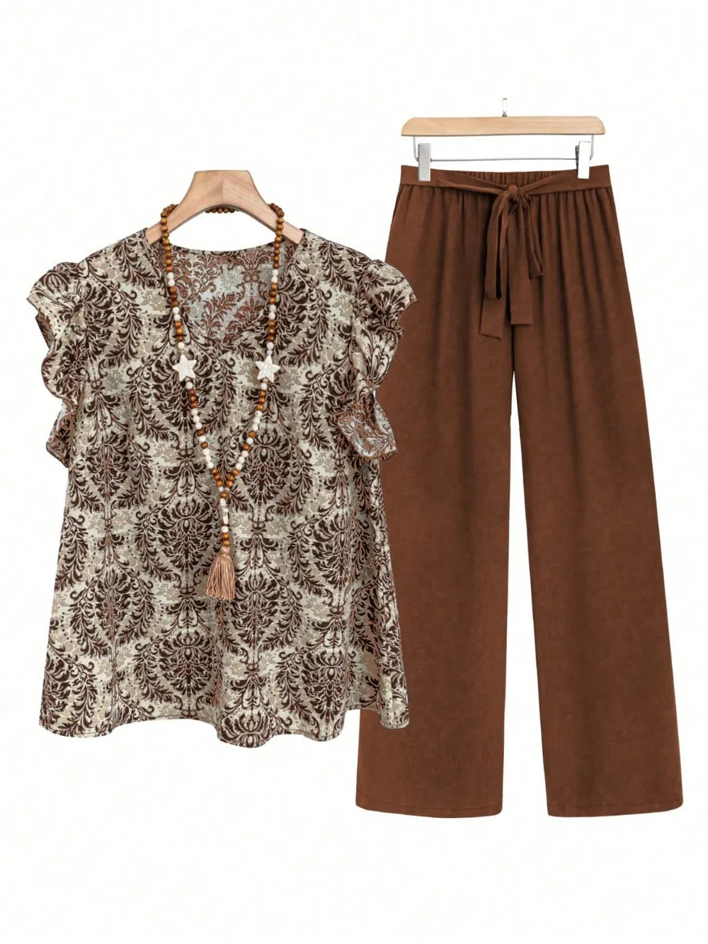 Printed Ruffled Cap Sleeve Top and Pants Set - LaTezza Online Shop