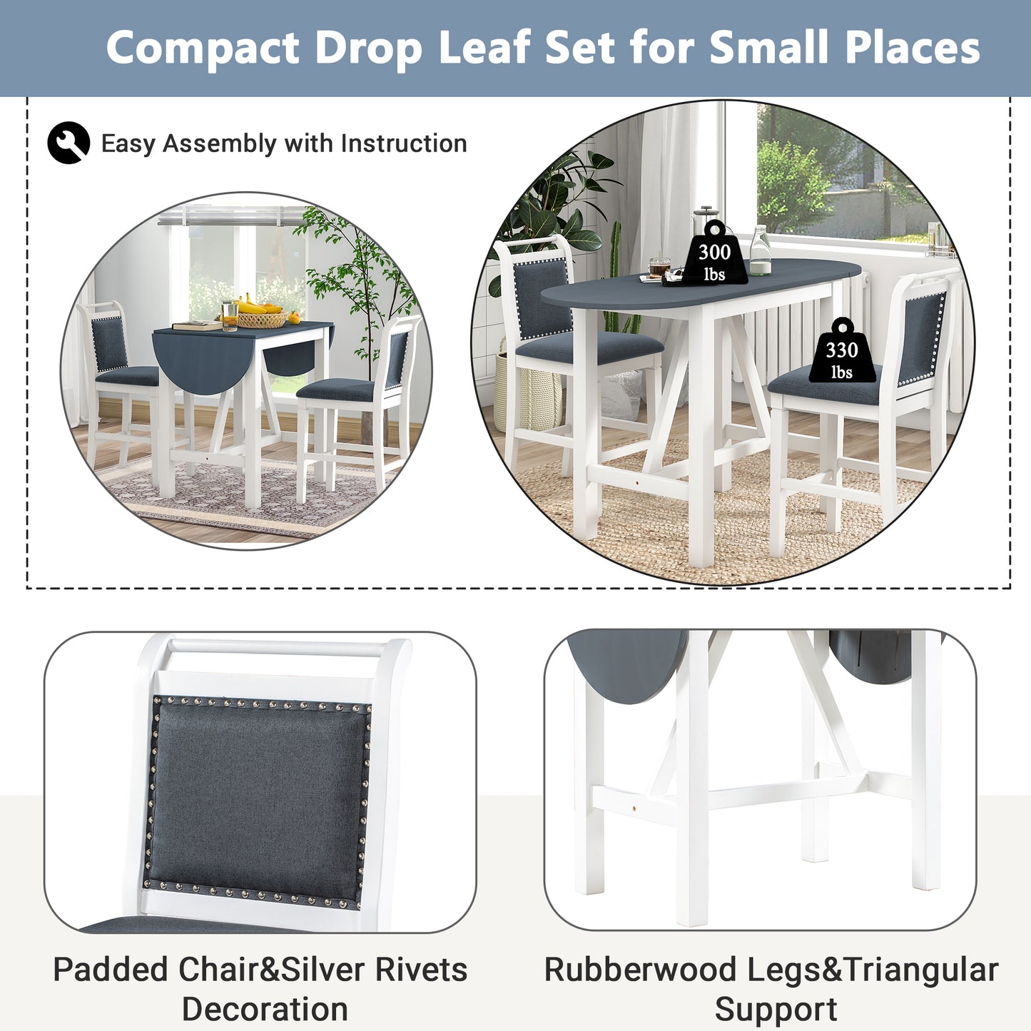 TOPMAX 3-Piece Wood Counter Height Drop Leaf Dining Table Set with 2 Upholstered Dining Chairs for Small Place White+Gray - LaTezza Online Shop