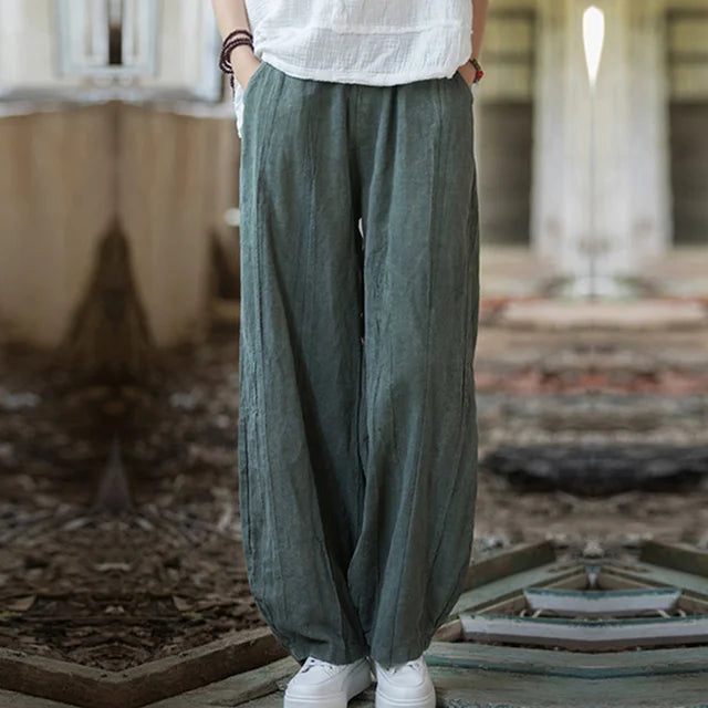 Elegant Women's Cotton Linen Baggy Cargo Pants Vintage Elastic Waist Yoga Trousers Loose Casual Long Wide Leg Oversize Clothes - LaTezza Online Shop