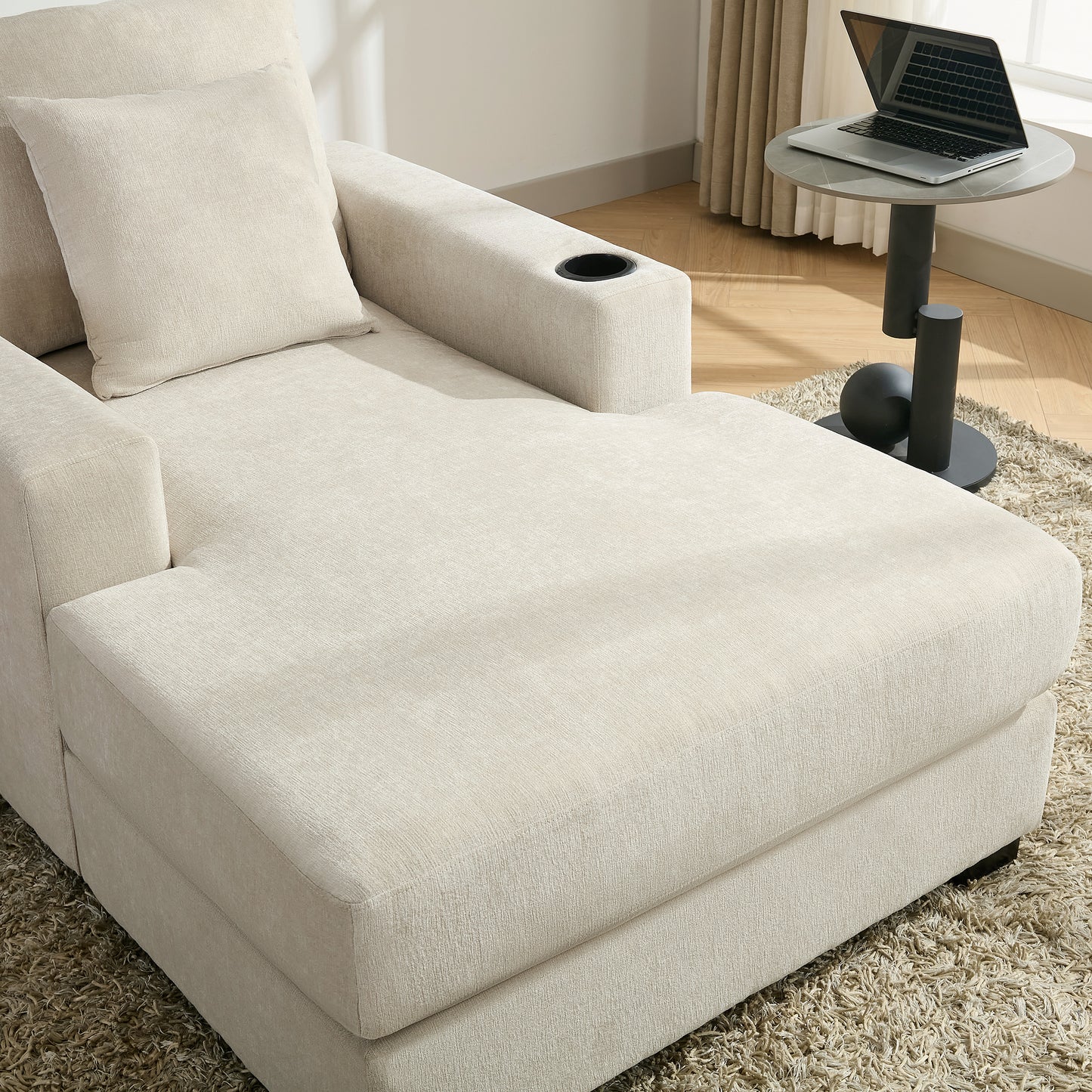 39.7" Oversized Chaise Lounger Modern Style Sofa Couch ,with Pillows, Charge Station & Cup Holders, Chenille Fabric, Cream - LaTezza Online Shop