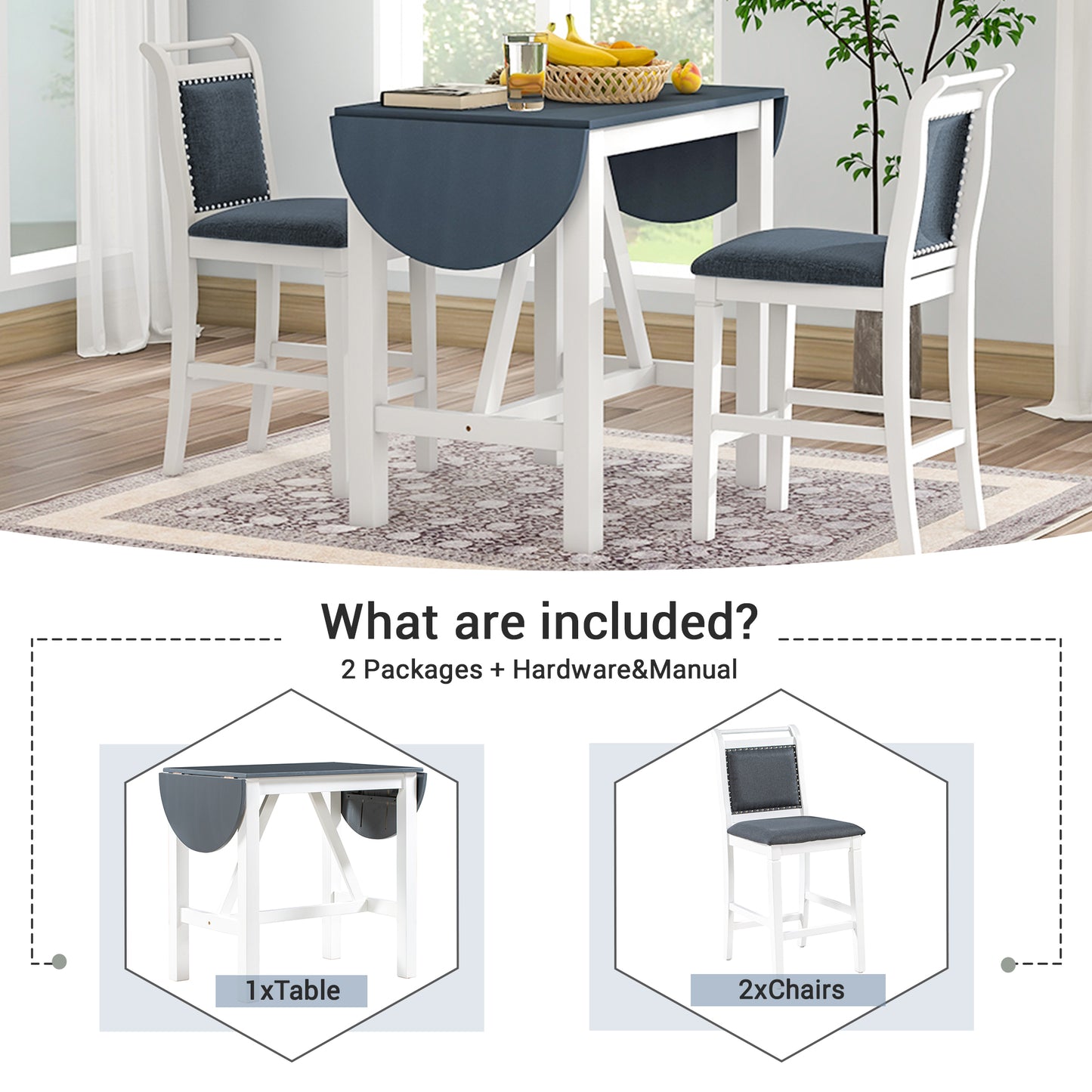 TOPMAX 3-Piece Wood Counter Height Drop Leaf Dining Table Set with 2 Upholstered Dining Chairs for Small Place White+Gray - LaTezza Online Shop