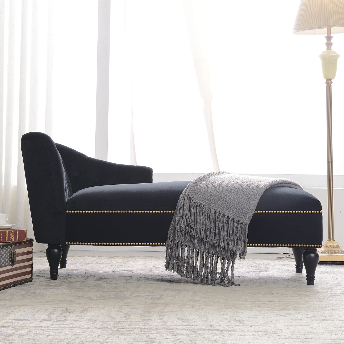 58 inch velvet lounge chair, button cluster right arm lounge chair with nail head decoration and solid wood legs - LaTezza Online Shop
