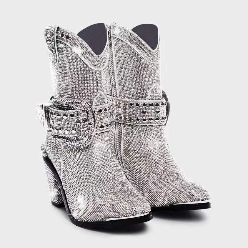Western denim hot drill mid tube round head belt buckle thick heel fashion boots - LaTezza Online Shop
