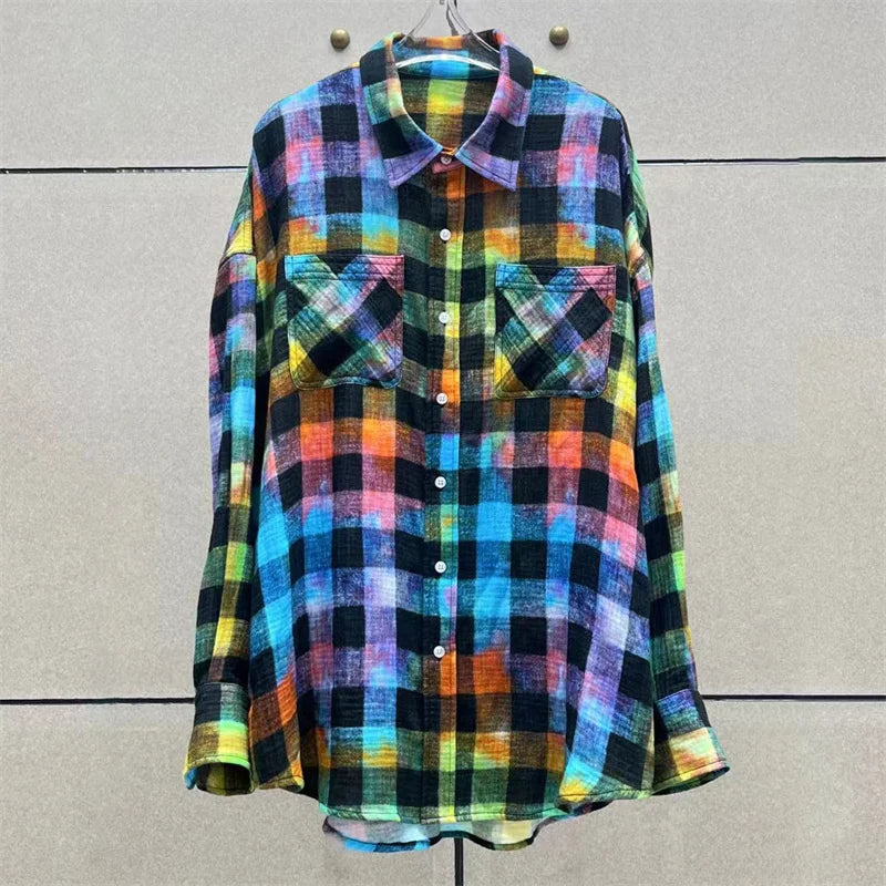 Fashion Woman Blouse Autumn New Rainbow Plaid Women's Shirt Washed Old Pure Cotton Long Sleeved Top Loose And Thin Coat - LaTezza Online Shop