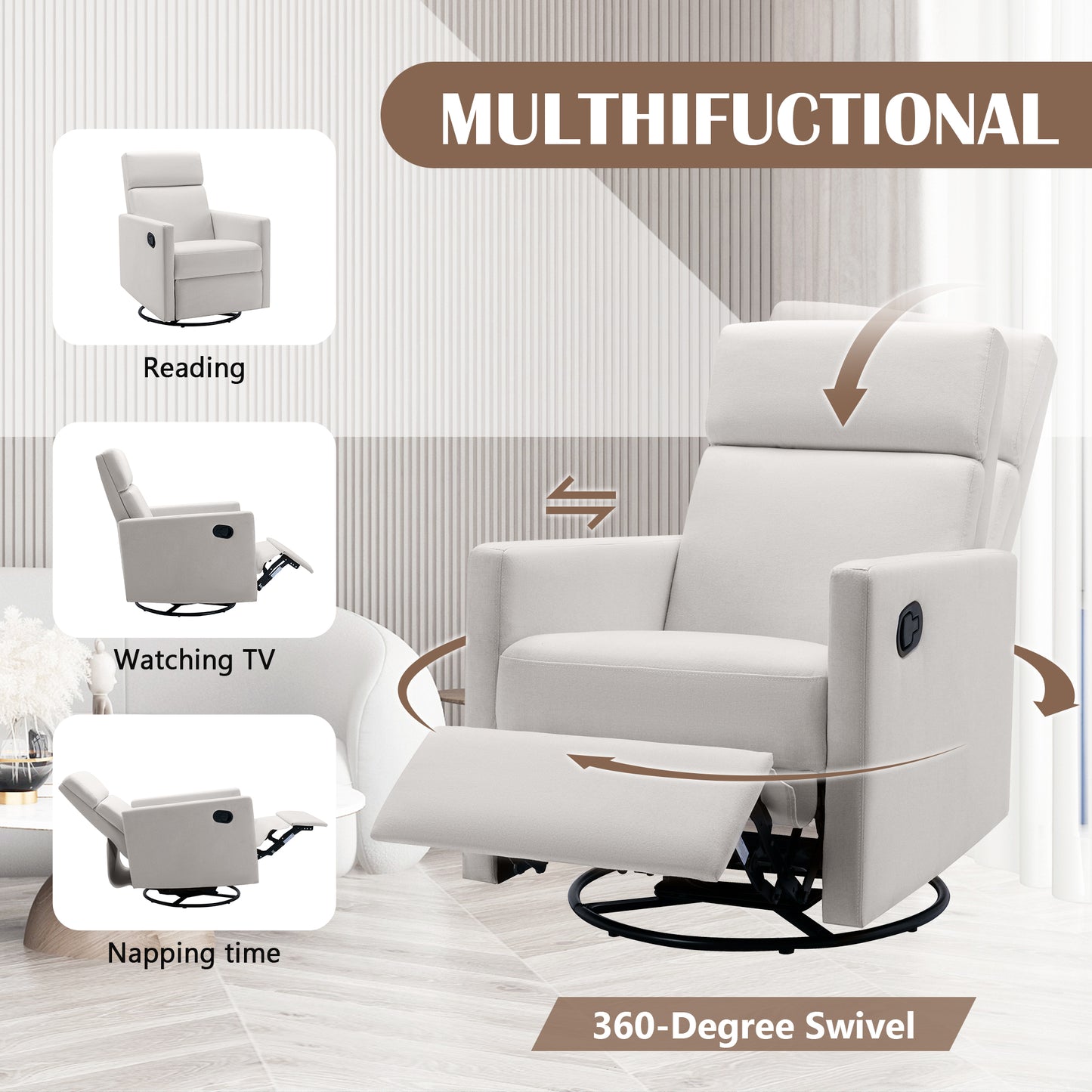 Modern Upholstered Rocker Nursery Chair Plush Seating Glider Swivel Recliner Chair Beige - LaTezza Online Shop