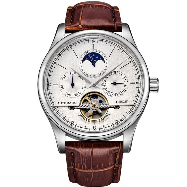 LIGE Brand Men's Watches Automatic Mechanical Tourbillon Leather Band