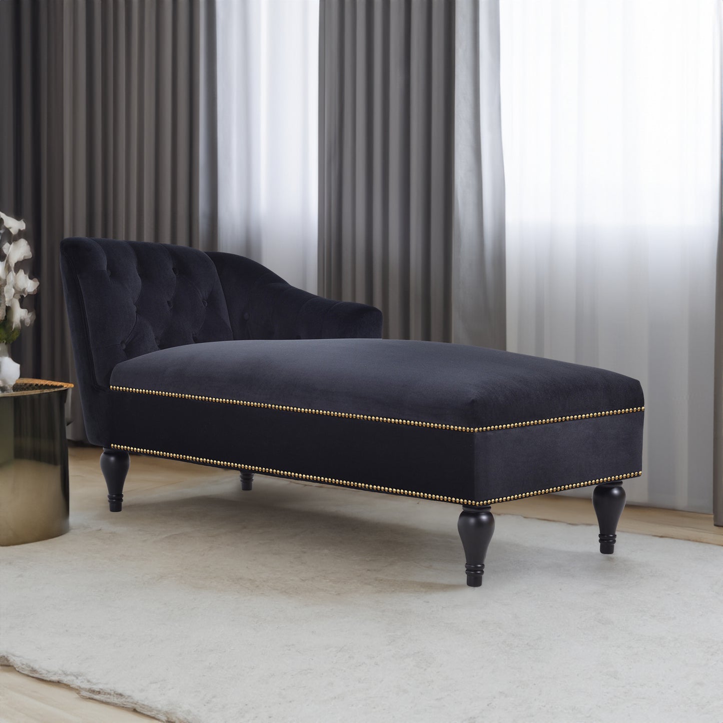 58 inch velvet lounge chair, button cluster right arm lounge chair with nail head decoration and solid wood legs - LaTezza Online Shop