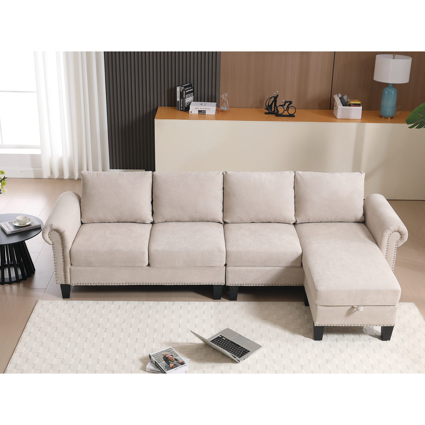 Convertible Sectional Sofa with Storage,L-shaped sofa,Four-seater sofa,Modern Linen Fabric Sectional Couches Beige - LaTezza Online Shop