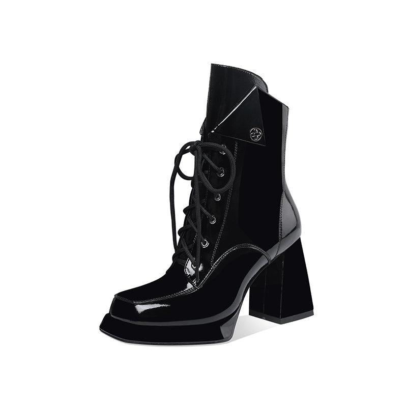 Patent Leather Thick Heel Martin Boots Women's 9cm Spring And Autumn Single Boots Waterproof Platform High-Heeled Ankle Boots - LaTezza Online Shop