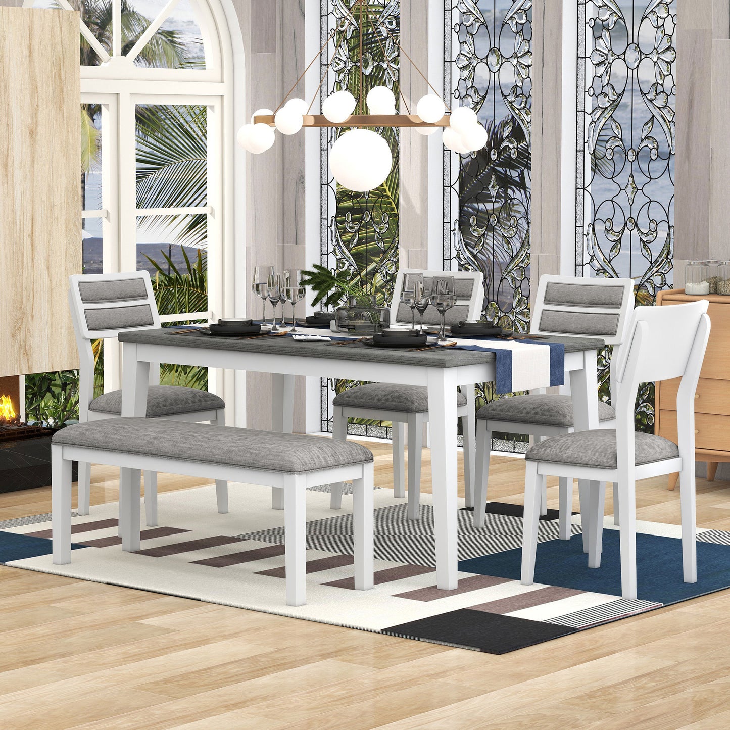 TREXM Classic and Traditional Style 6 - Piece Dining Set, Includes Dining Table 4 Upholstered Chairs & Bench (White+Gray) - LaTezza Online Shop