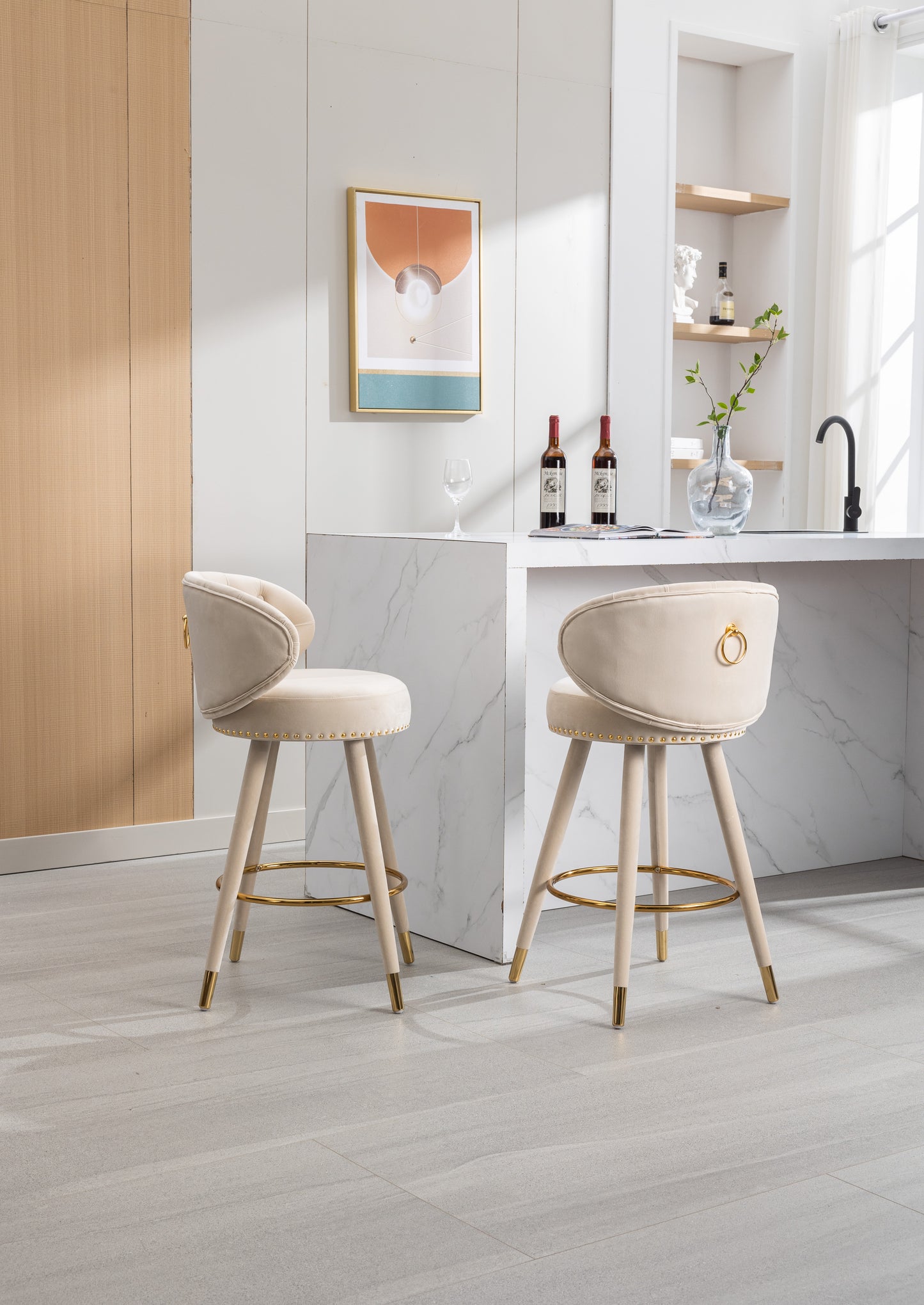 COOLMORE Counter Height Bar Stools Set of 2 for Kitchen Counter Solid Wood Legs with a fixed height of 360 degrees Beige - LaTezza Online Shop