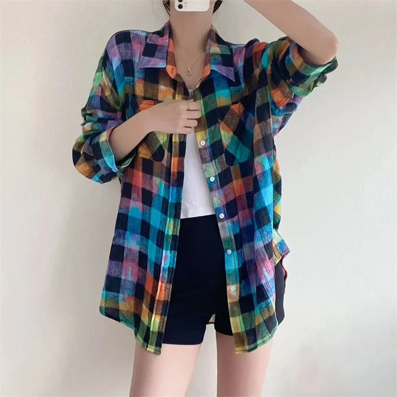 Fashion Woman Blouse Autumn New Rainbow Plaid Women's Shirt Washed Old Pure Cotton Long Sleeved Top Loose And Thin Coat - LaTezza Online Shop