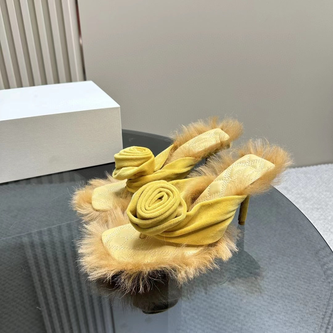 High Heels Slippers Rose Fur Luxury Novel Hairy Mules Slippers Summer Quality Plush Brand Party Slippers Woman - LaTezza Online Shop