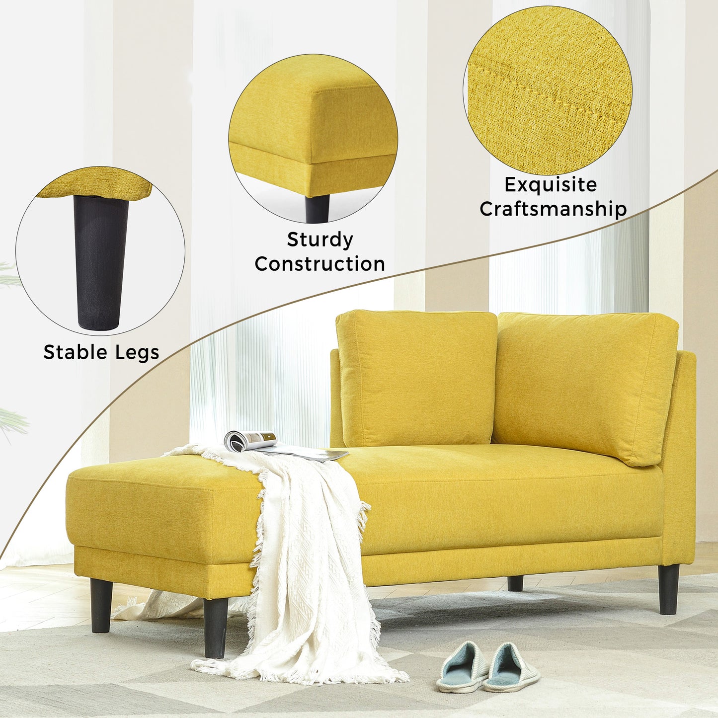 65" Mid-Century Modern Fabric Corner Lounge Chair Upholstered Indoor Chaise Lounge for Bedroom - LaTezza Online Shop