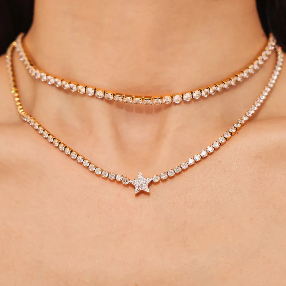 Zircon inlaid titanium steel tennis necklace star shaped pendant - LaTezza Online Shop