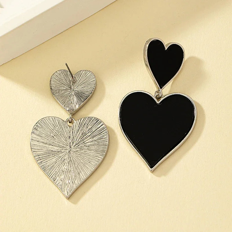 Black Resin Large Metal Heart Dangle Post Earrings For Women Heavy Statement Fashion Jewelry Love Party Accessories - LaTezza Online Shop