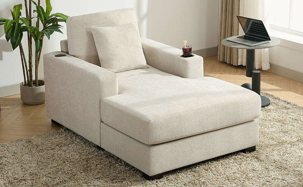 39.7" Oversized Chaise Lounger Modern Style Sofa Couch ,with Pillows, Charge Station & Cup Holders, Chenille Fabric, Cream - LaTezza Online Shop