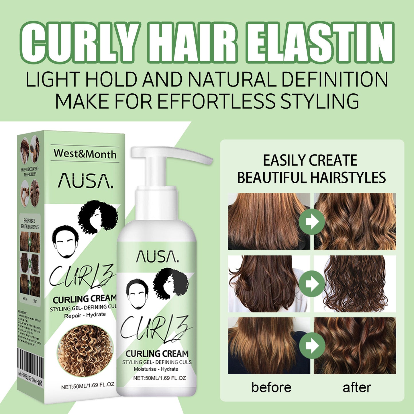 West&Month Curly Hair Elastin, Moisturizing Curly Hair Styling Fluffy Elastic Strong Hair Smoothing Frizz And Hair Care - LaTezza Online Shop