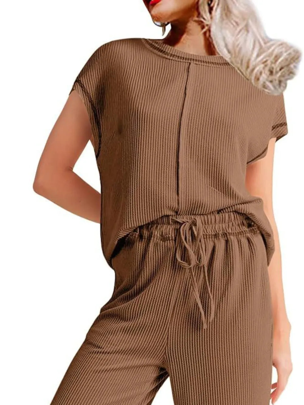 Ribbed Exposed Seam Top and Pants Set - LaTezza Online Shop