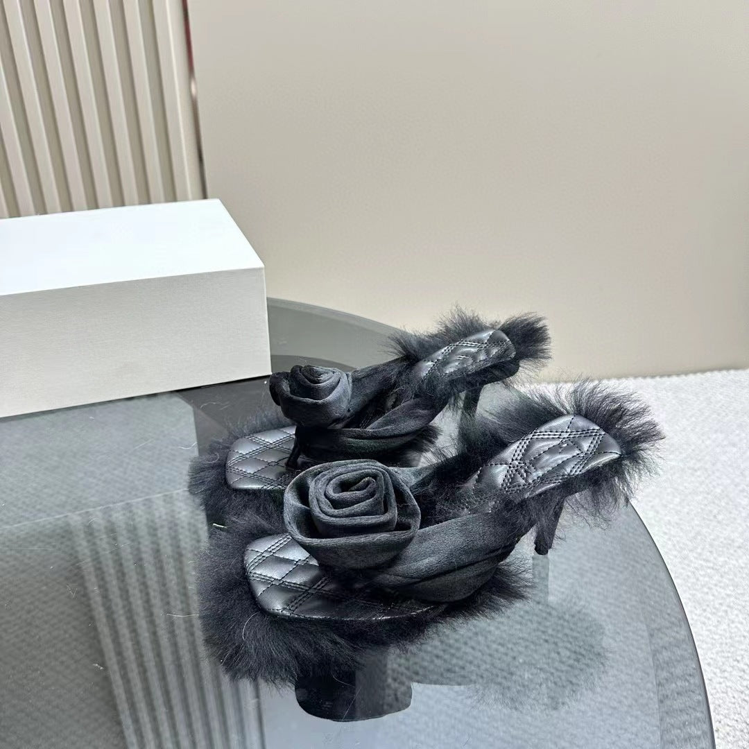 High Heels Slippers Rose Fur Luxury Novel Hairy Mules Slippers Summer Quality Plush Brand Party Slippers Woman - LaTezza Online Shop