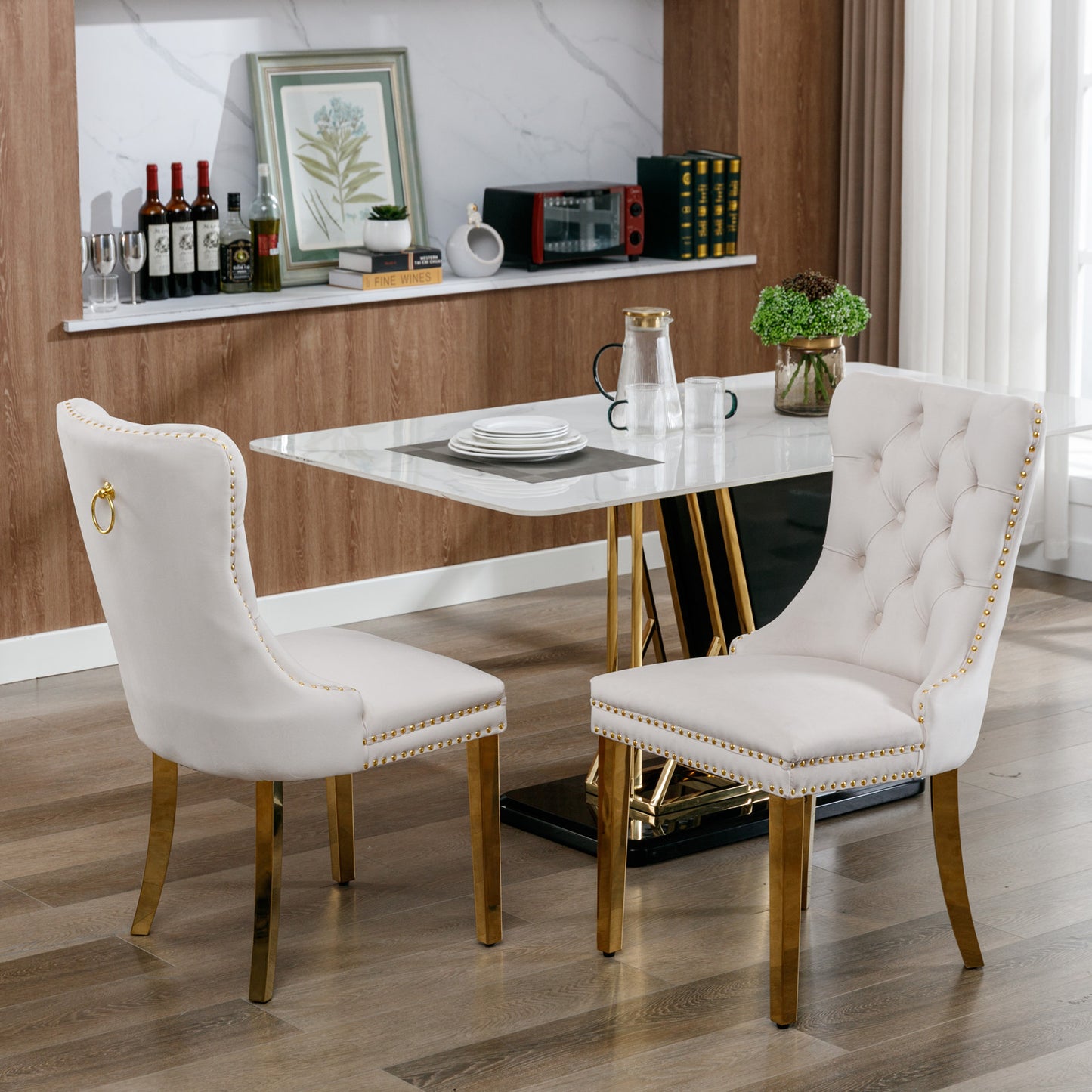 Tufted solid wood velvet soft cushion dining chair gold stainless steel plated leg nail head set of 2 pieces beige and gold - LaTezza Online Shop